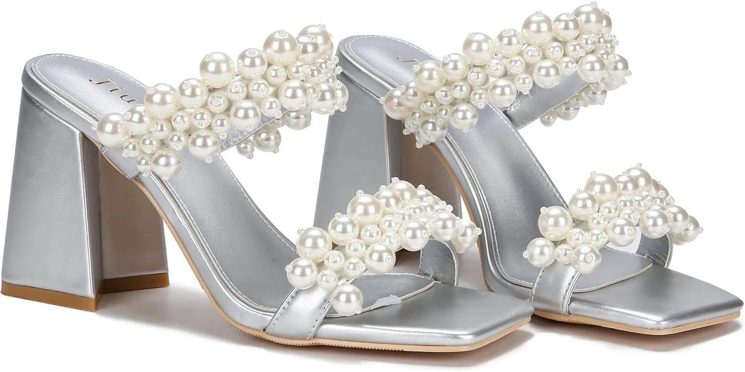 Jiu du Pearl Heels for Women Slide Mule Heels Square Toe Low Block Slip On Backless Heeled Sandals