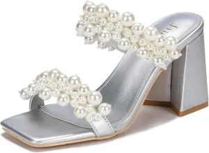Jiu du Pearl Heels for Women Slide Mule Heels Square Toe Low Block Slip On Backless Heeled Sandals