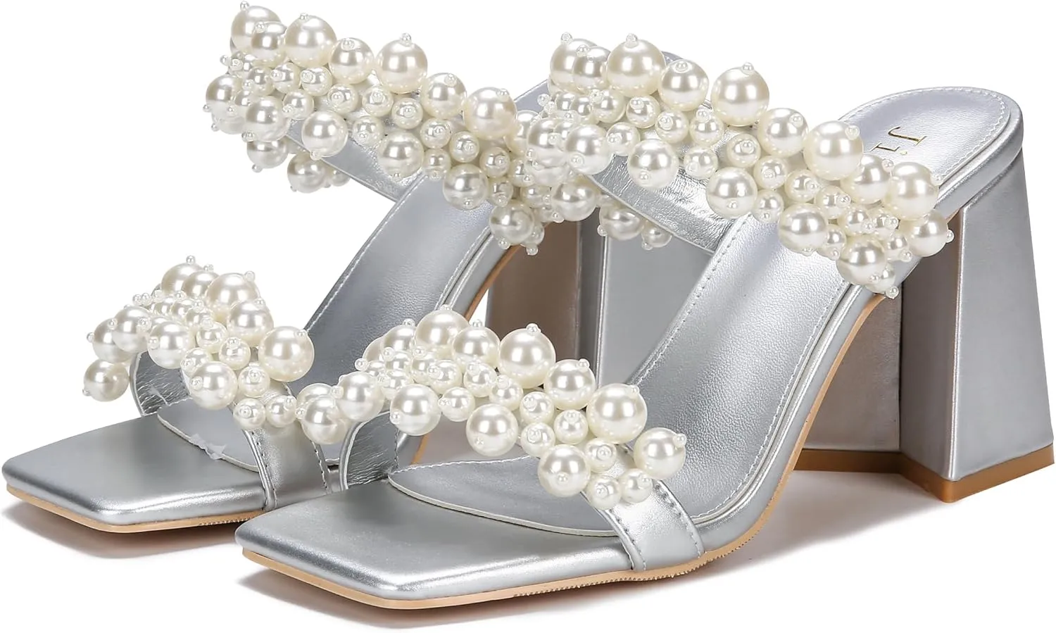 Jiu du Pearl Heels for Women Slide Mule Heels Square Toe Low Block Slip On Backless Heeled Sandals