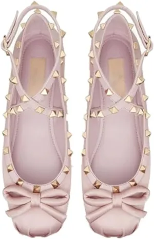 Keilinia Women's Satin Mary Jane Ballet Flats,Bow Studded Strap Ankle Buckle Square Toe Soft Comfort Casual Dress Shoes