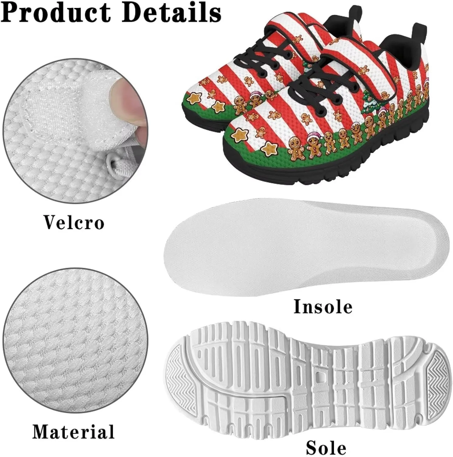 Kids Christmas Shoes Comfortable Breathable Hook and Loops Strap Athletic Running Shoes for Litter Kids Lightweight Non-Slip Outdoor School Sport Sneaker for Big Kids US 11-15
