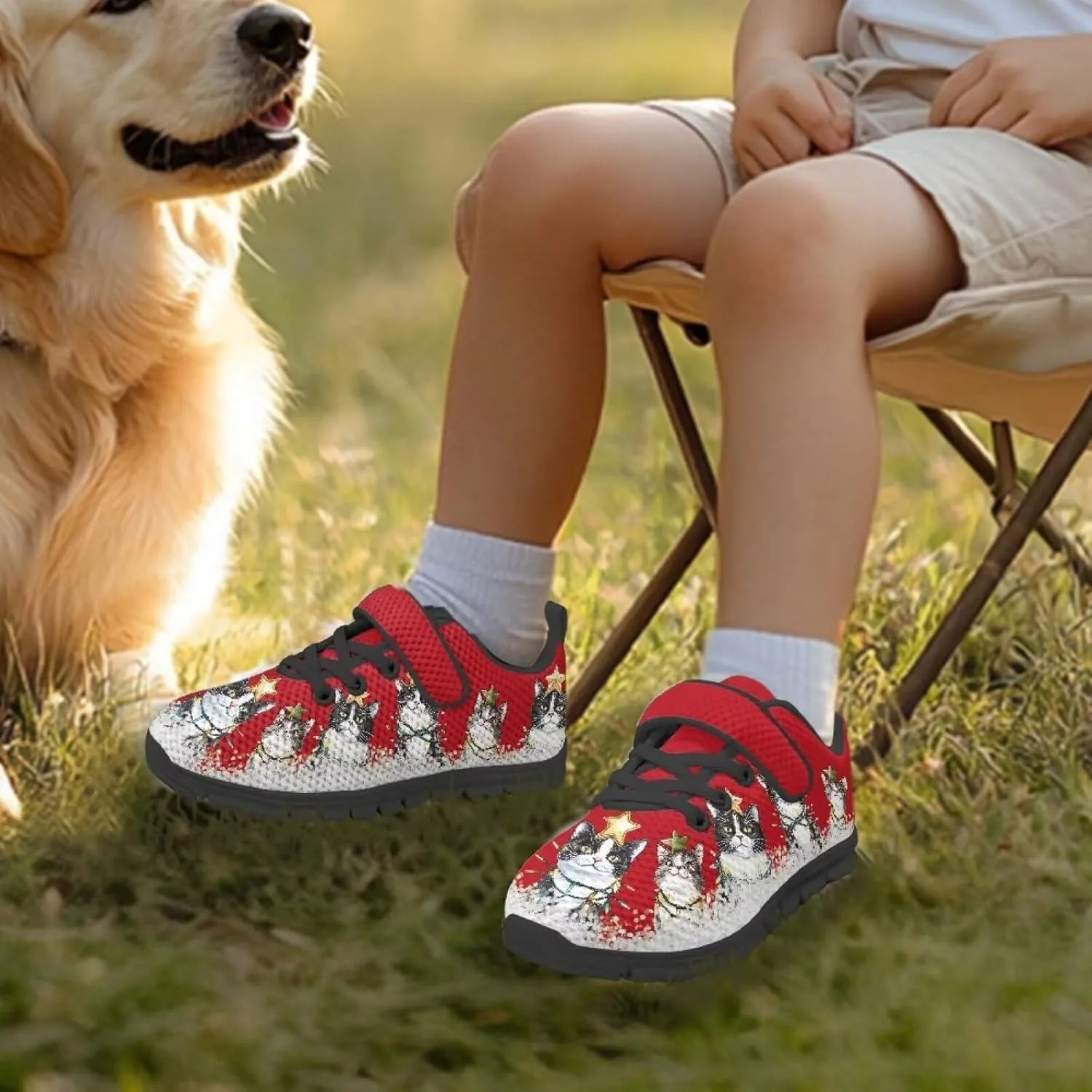 Kids Christmas Shoes Comfortable Breathable Hook and Loops Strap Athletic Running Shoes for Litter Kids Lightweight Non-Slip Outdoor School Sport Sneaker for Big Kids US 11-15