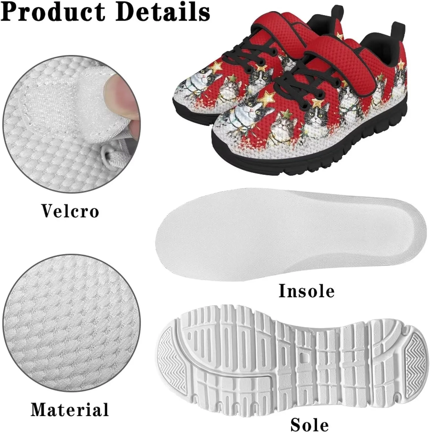 Kids Christmas Shoes Comfortable Breathable Hook and Loops Strap Athletic Running Shoes for Litter Kids Lightweight Non-Slip Outdoor School Sport Sneaker for Big Kids US 11-15
