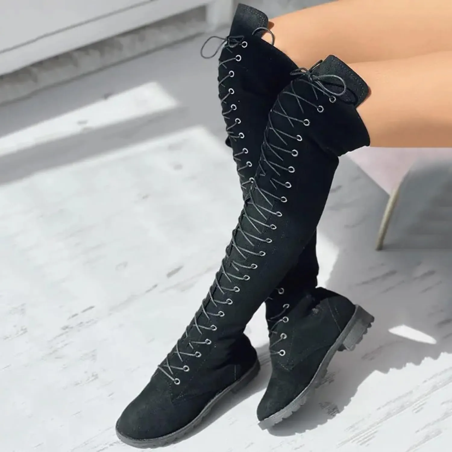 Knee Boots for Women Lace Up Over The Knee Boots Round Toe Low Heel Side Zipper Boots Fashion Thigh High Boots
