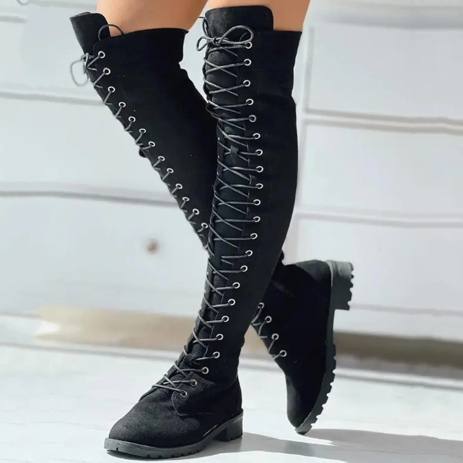 Knee Boots for Women Lace Up Over The Knee Boots Round Toe Low Heel Side Zipper Boots Fashion Thigh High Boots