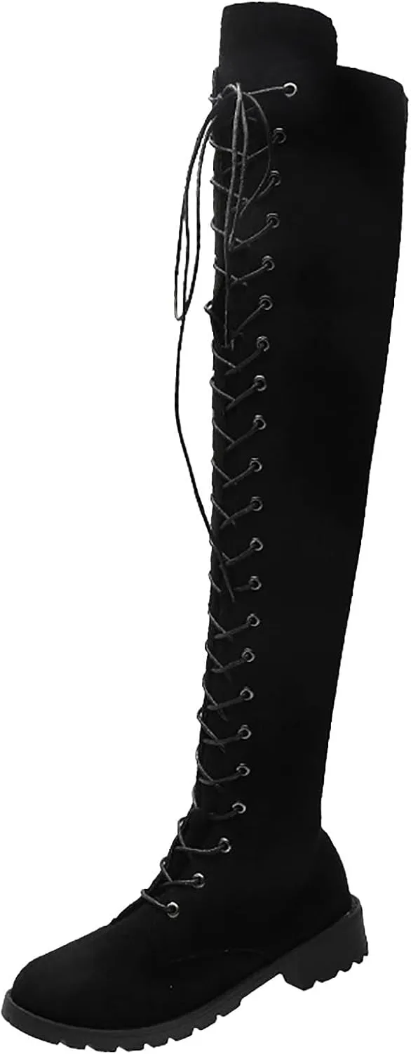 Knee Boots for Women Lace Up Over The Knee Boots Round Toe Low Heel Side Zipper Boots Fashion Thigh High Boots