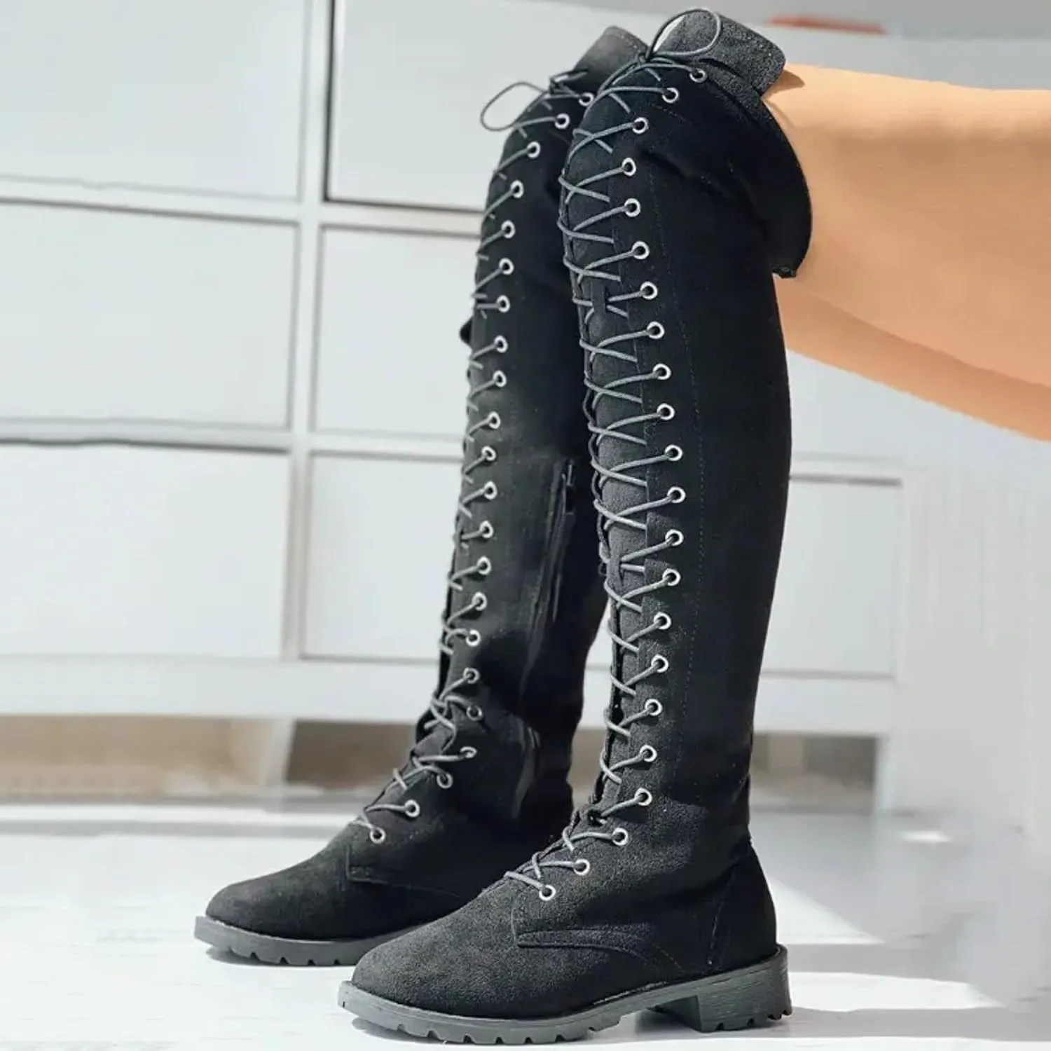 Knee Boots for Women Lace Up Over The Knee Boots Round Toe Low Heel Side Zipper Boots Fashion Thigh High Boots