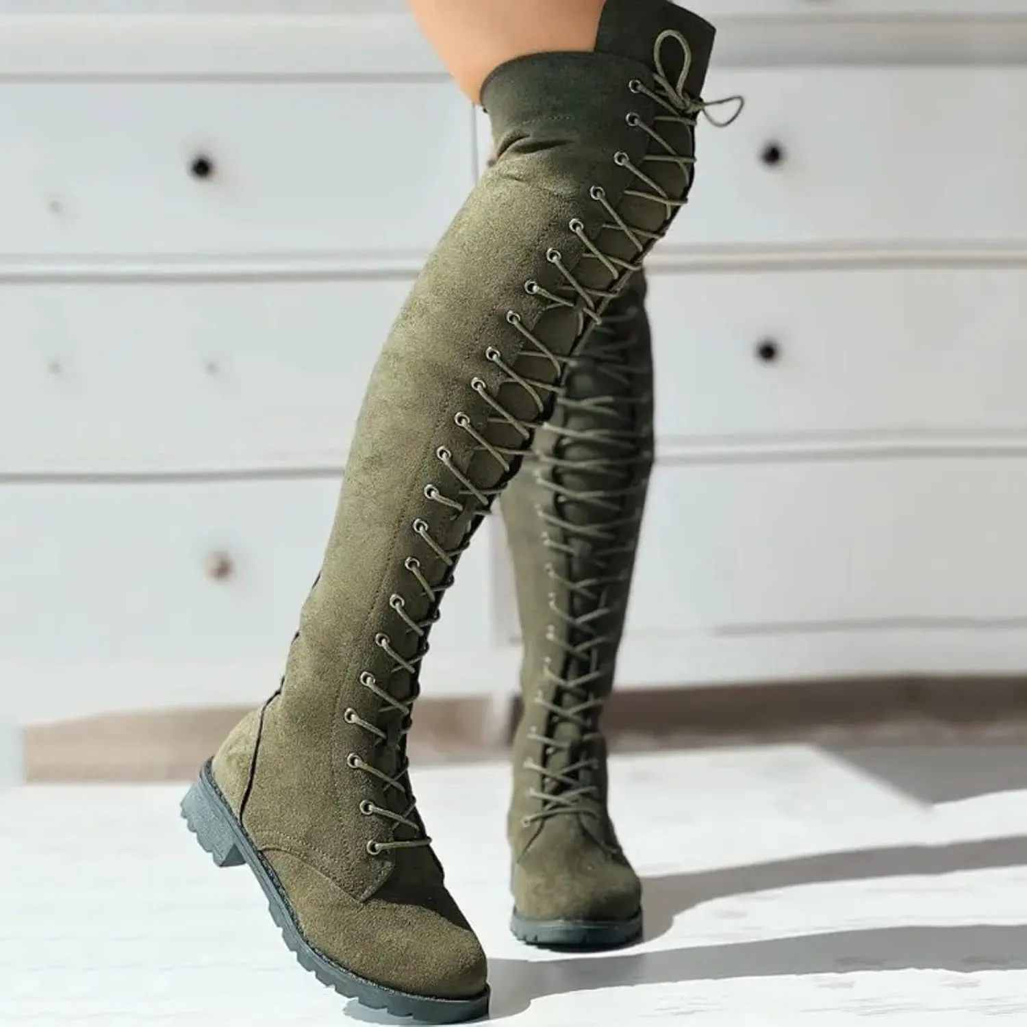 Knee Boots for Women Lace Up Over The Knee Boots Round Toe Low Heel Side Zipper Boots Fashion Thigh High Boots