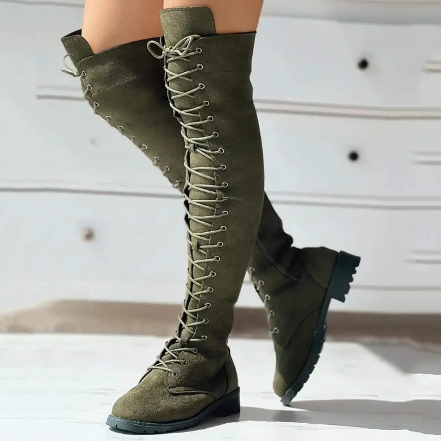 Knee Boots for Women Lace Up Over The Knee Boots Round Toe Low Heel Side Zipper Boots Fashion Thigh High Boots