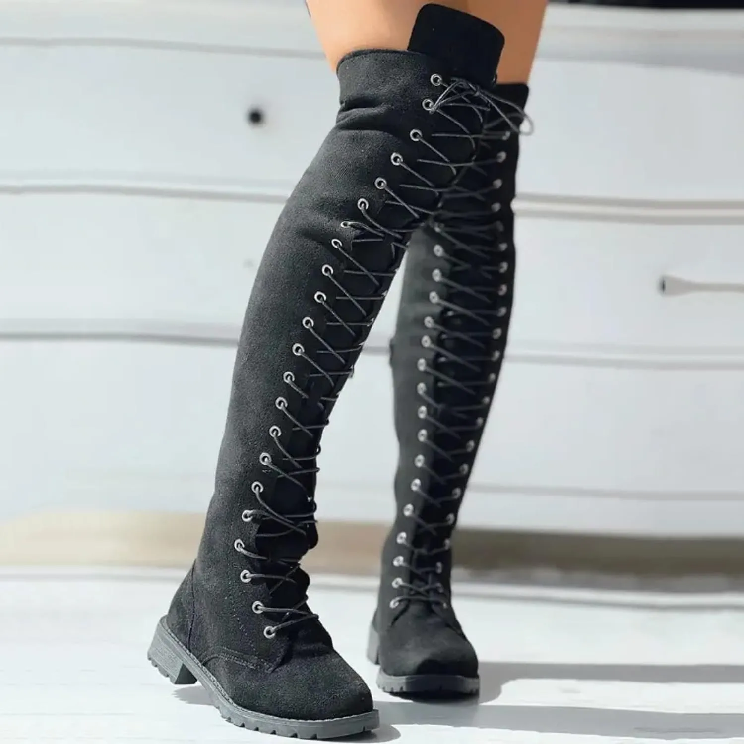 Knee Boots for Women Lace Up Over The Knee Boots Round Toe Low Heel Side Zipper Boots Fashion Thigh High Boots