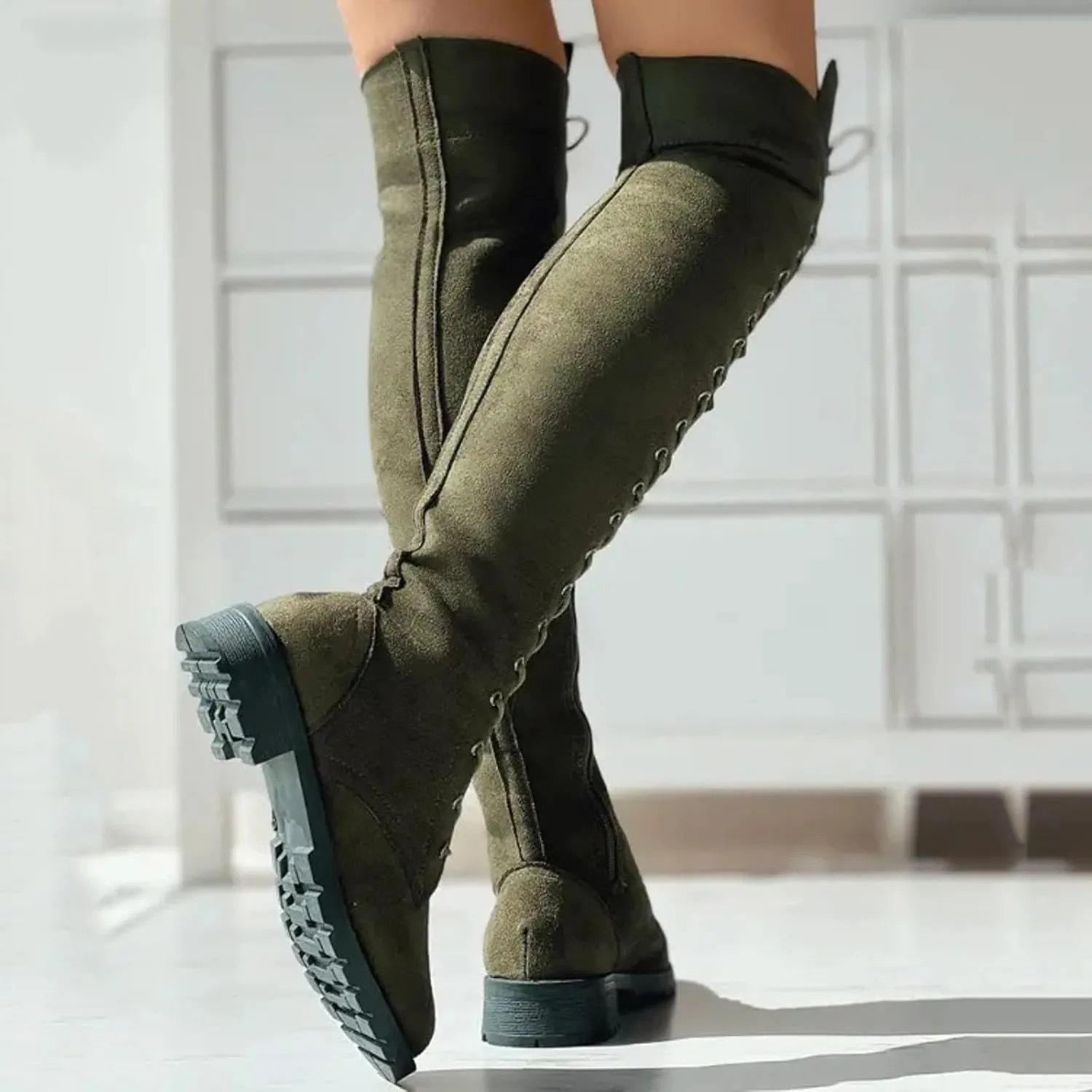 Knee Boots for Women Lace Up Over The Knee Boots Round Toe Low Heel Side Zipper Boots Fashion Thigh High Boots