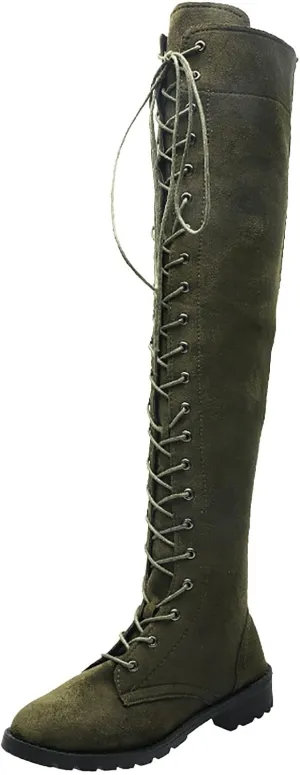 Knee Boots for Women Lace Up Over The Knee Boots Round Toe Low Heel Side Zipper Boots Fashion Thigh High Boots