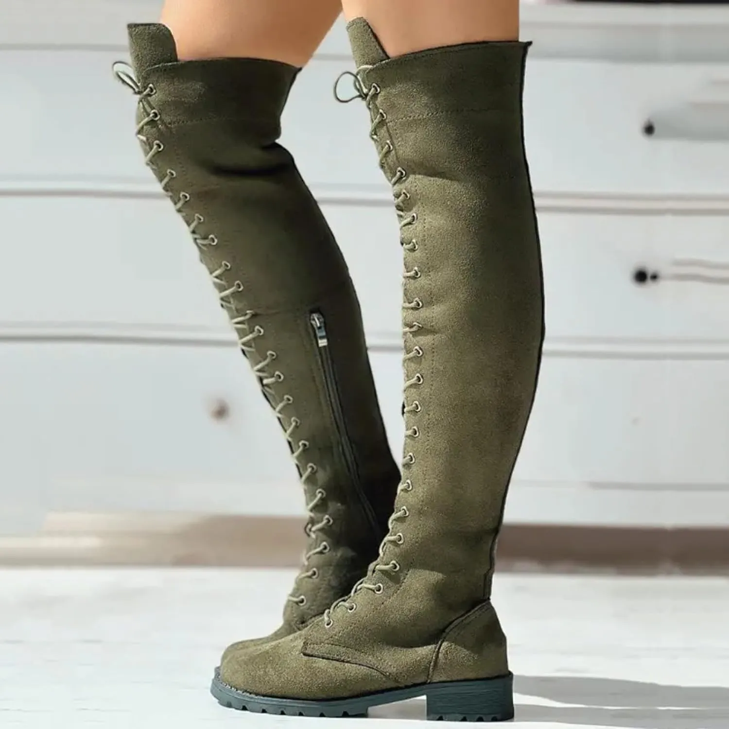 Knee Boots for Women Lace Up Over The Knee Boots Round Toe Low Heel Side Zipper Boots Fashion Thigh High Boots