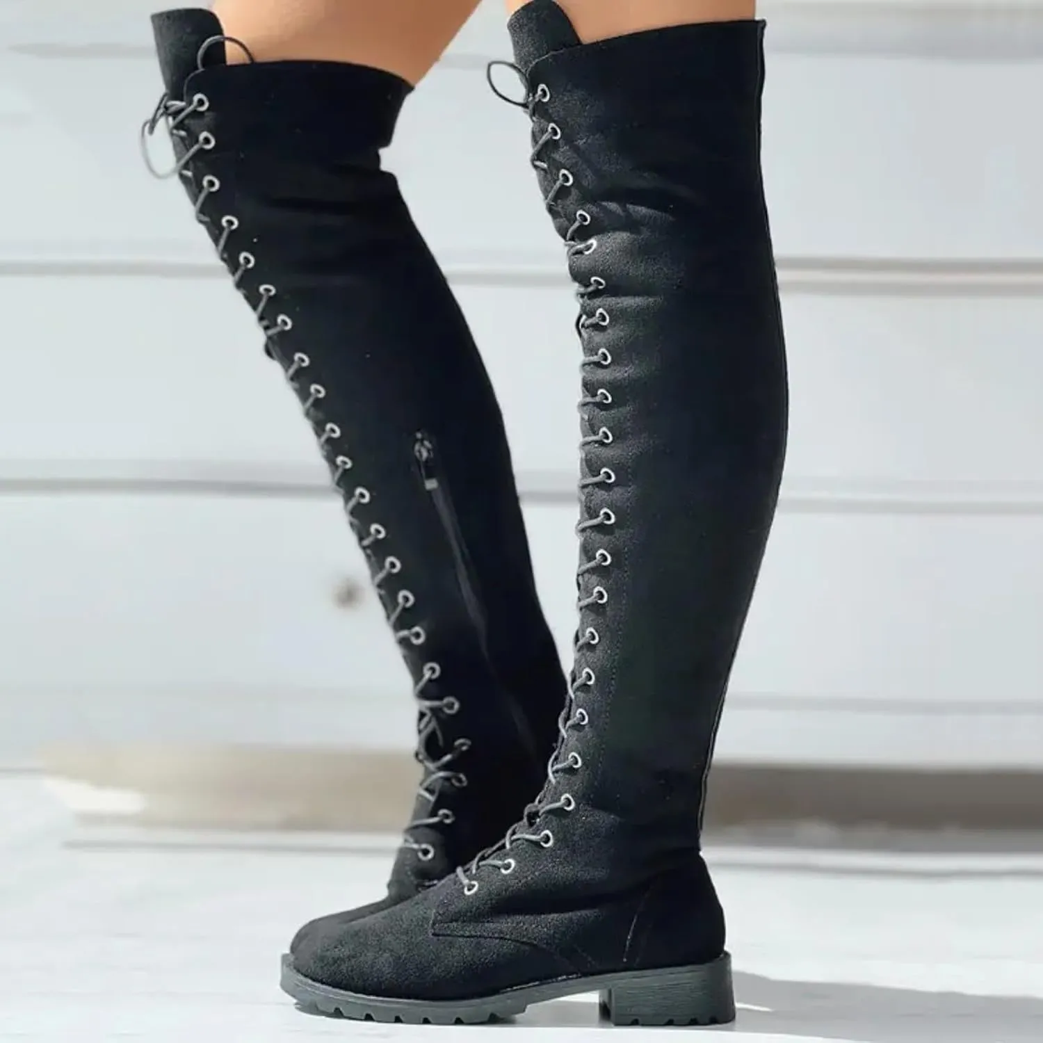 Knee Boots for Women Lace Up Over The Knee Boots Round Toe Low Heel Side Zipper Boots Fashion Thigh High Boots