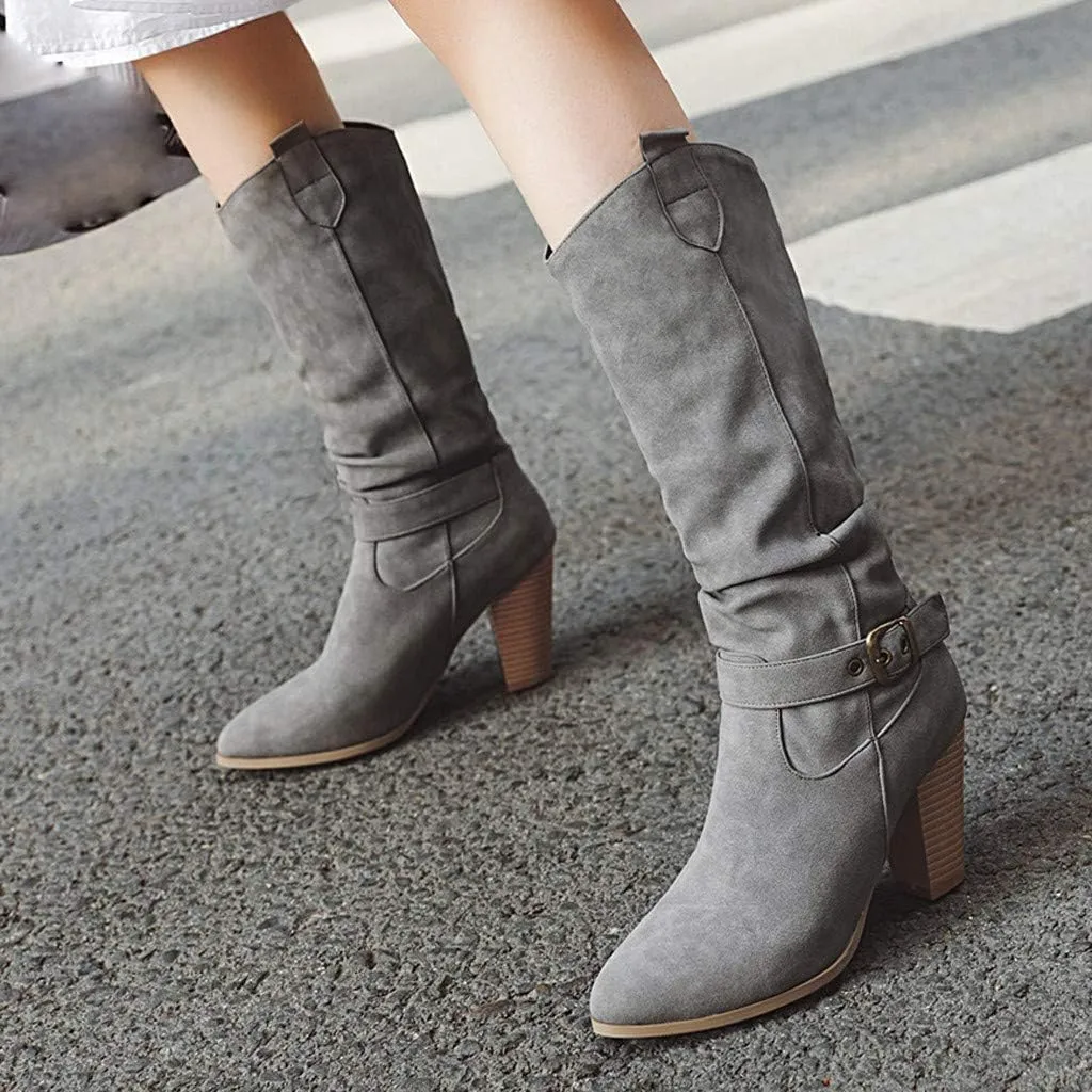 Knee High Boots Women Riding Boots for Women Slouchy Long Boots Tall Boots Wide Calf High Boots Vintage Fashion Faux Leather Booties Chunky Block Heel Pointed Toe Knight Boots for Party Travel