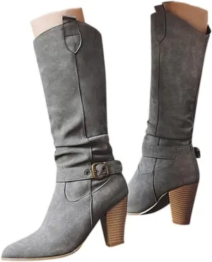 Knee High Boots Women Riding Boots for Women Slouchy Long Boots Tall Boots Wide Calf High Boots Vintage Fashion Faux Leather Booties Chunky Block Heel Pointed Toe Knight Boots for Party Travel