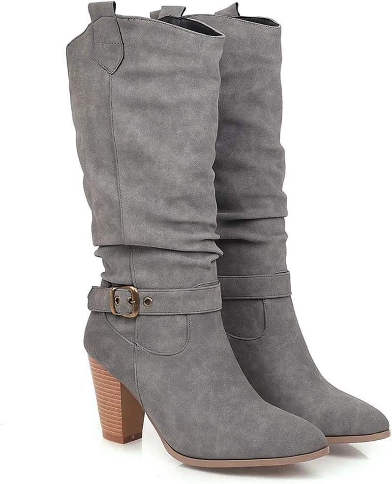 Knee High Boots Women Riding Boots for Women Slouchy Long Boots Tall Boots Wide Calf High Boots Vintage Fashion Faux Leather Booties Chunky Block Heel Pointed Toe Knight Boots for Party Travel