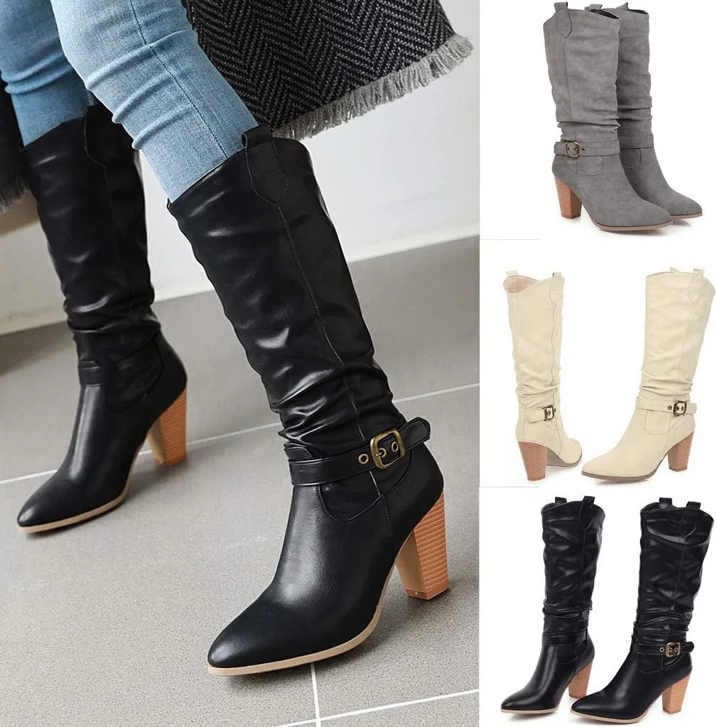 Knee High Boots Women Riding Boots for Women Slouchy Long Boots Tall Boots Wide Calf High Boots Vintage Fashion Faux Leather Booties Chunky Block Heel Pointed Toe Knight Boots for Party Travel