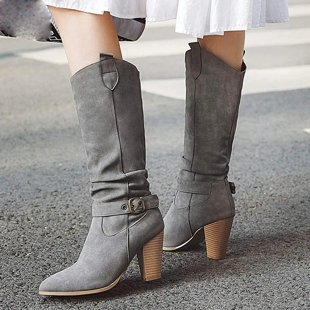Knee High Boots Women Riding Boots for Women Slouchy Long Boots Tall Boots Wide Calf High Boots Vintage Fashion Faux Leather Booties Chunky Block Heel Pointed Toe Knight Boots for Party Travel