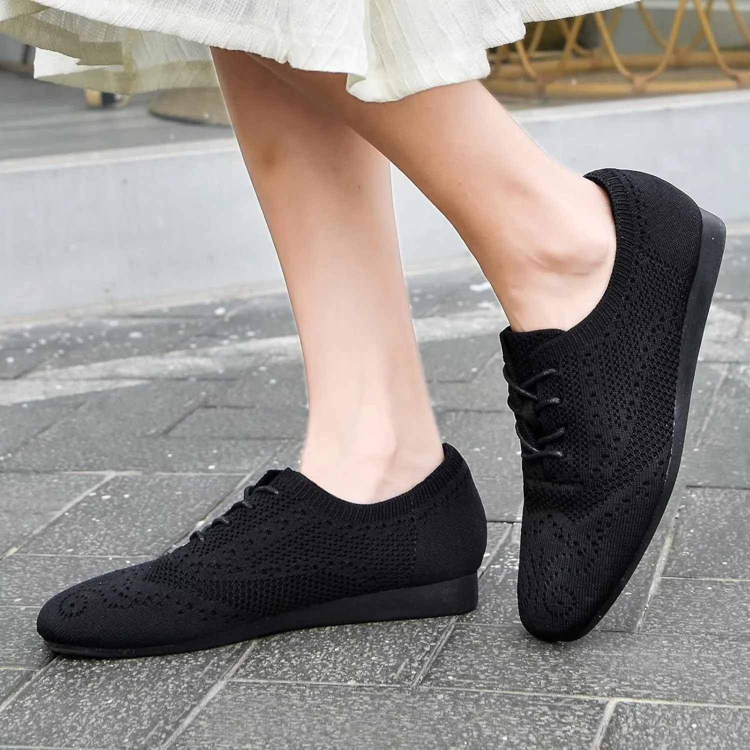 konhill Women's Lace-up Oxfords Flats Classic Knit Brogue Dress Walking Shoes Casual Sneakers