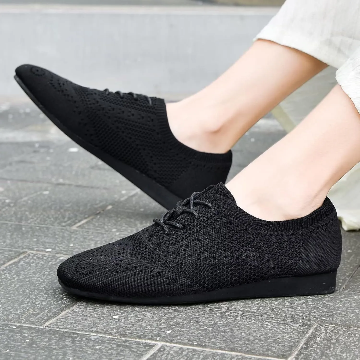 konhill Women's Lace-up Oxfords Flats Classic Knit Brogue Dress Walking Shoes Casual Sneakers