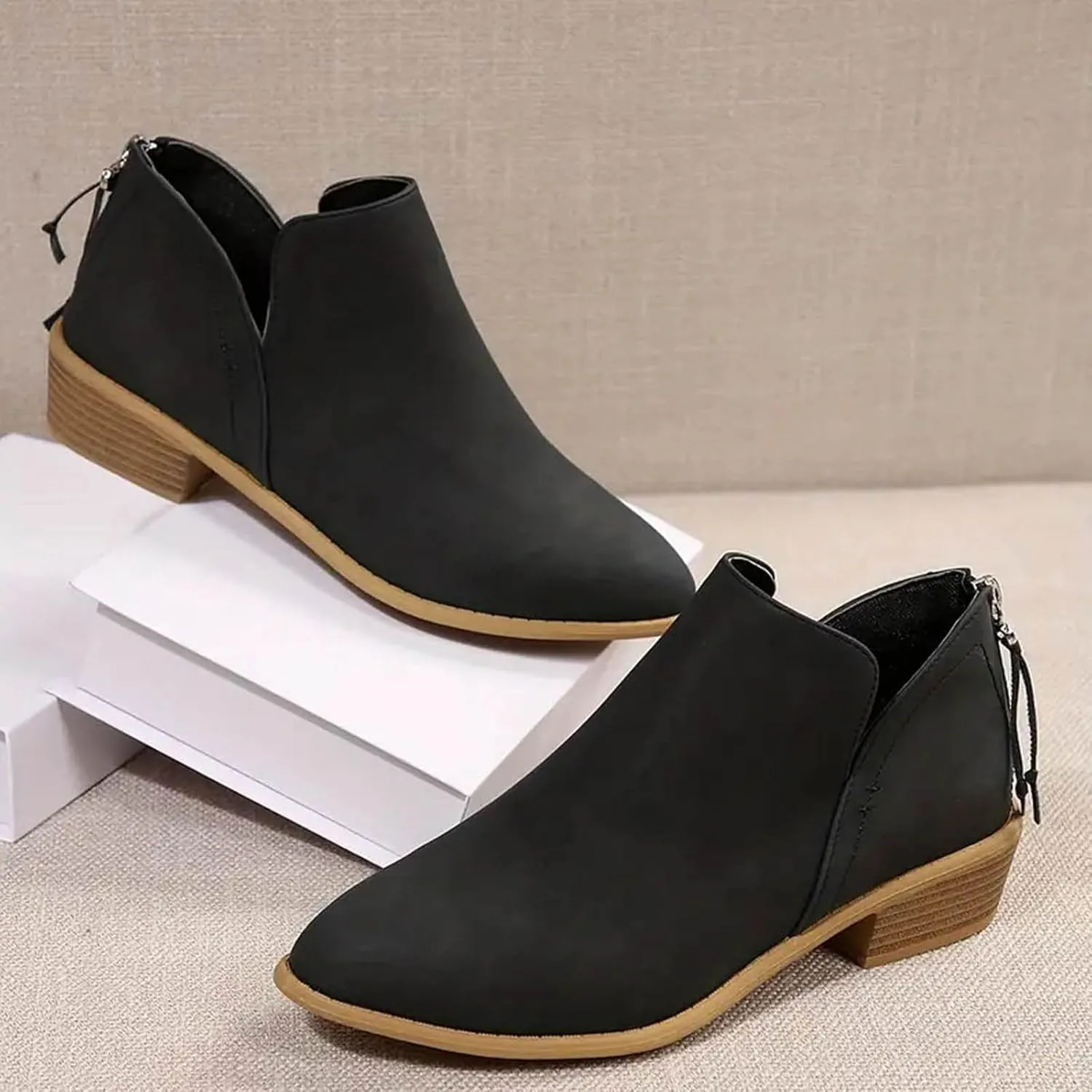 Leather Ankle Boots for Women Ankle Boots for Women Low Heel Zipper Pointed Toe Short Boot Comfy Casual Walking Shoes