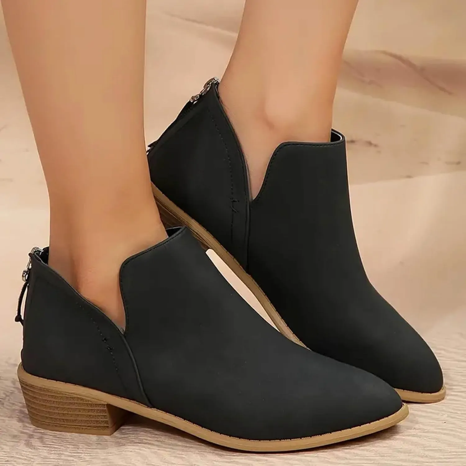 Leather Ankle Boots for Women Ankle Boots for Women Low Heel Zipper Pointed Toe Short Boot Comfy Casual Walking Shoes