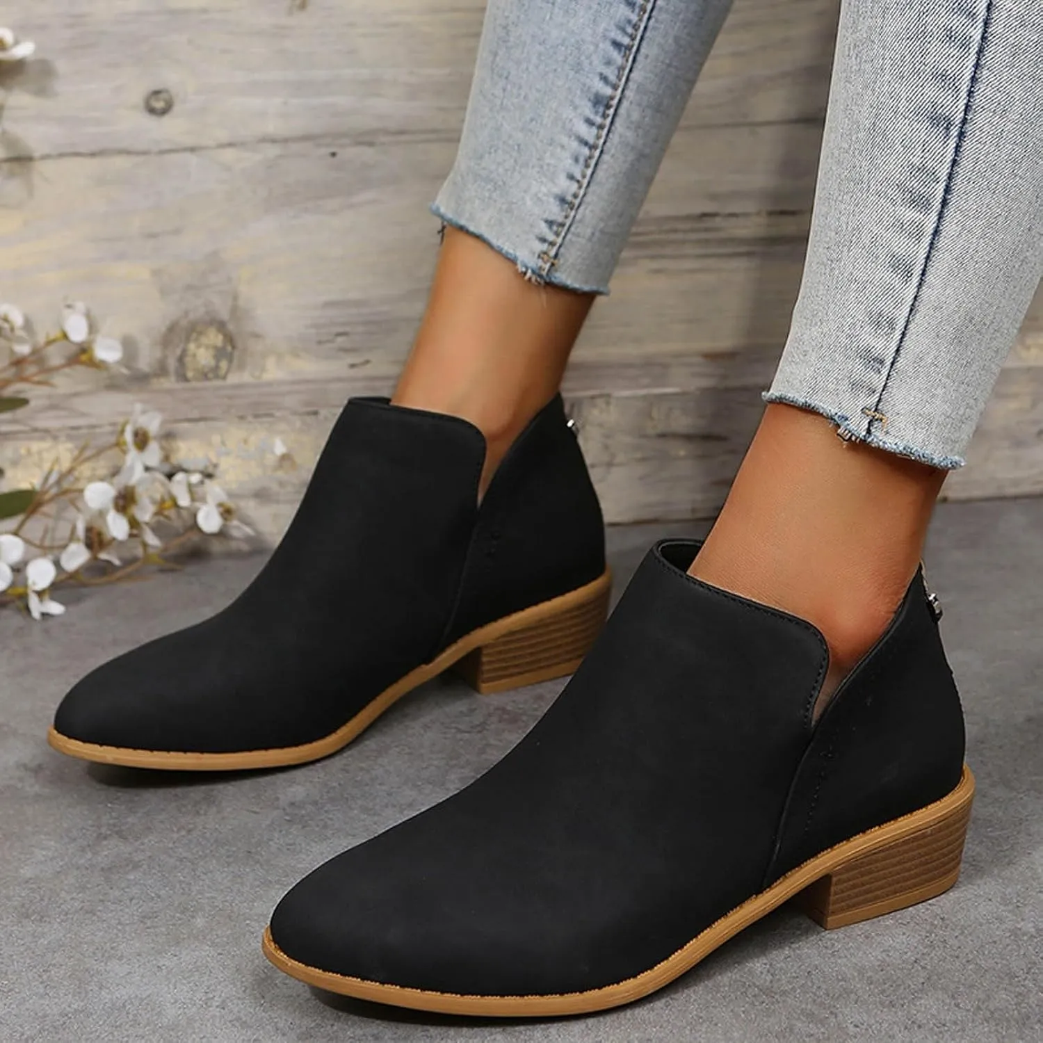 Leather Ankle Boots for Women Ankle Boots for Women Low Heel Zipper Pointed Toe Short Boot Comfy Casual Walking Shoes