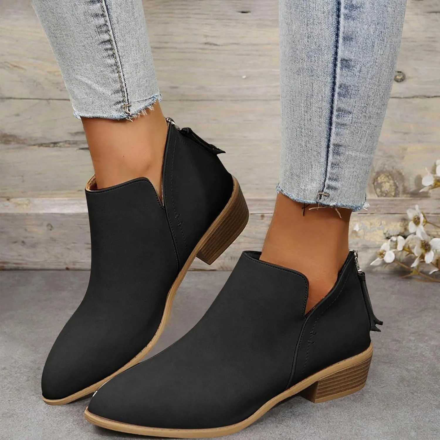 Leather Ankle Boots for Women Ankle Boots for Women Low Heel Zipper Pointed Toe Short Boot Comfy Casual Walking Shoes