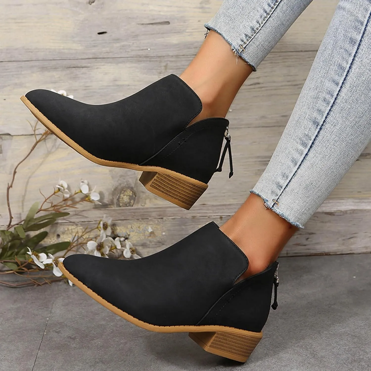 Leather Ankle Boots for Women Ankle Boots for Women Low Heel Zipper Pointed Toe Short Boot Comfy Casual Walking Shoes