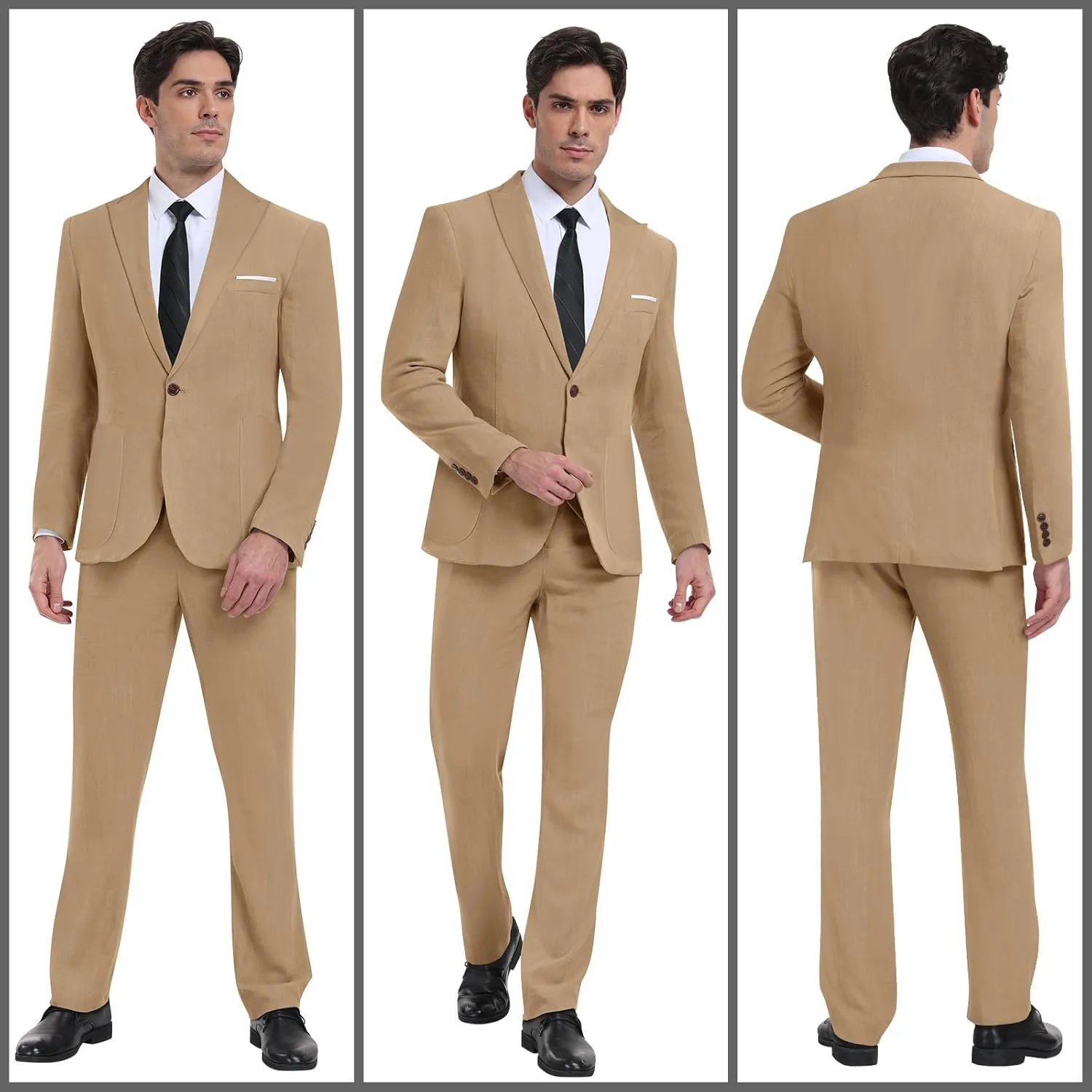 Linen Men Suit Set Casual Tuxedo 2 Piece Regular Fit Blazer One Button Solid Jacket and Pants for Prom Wedding Party