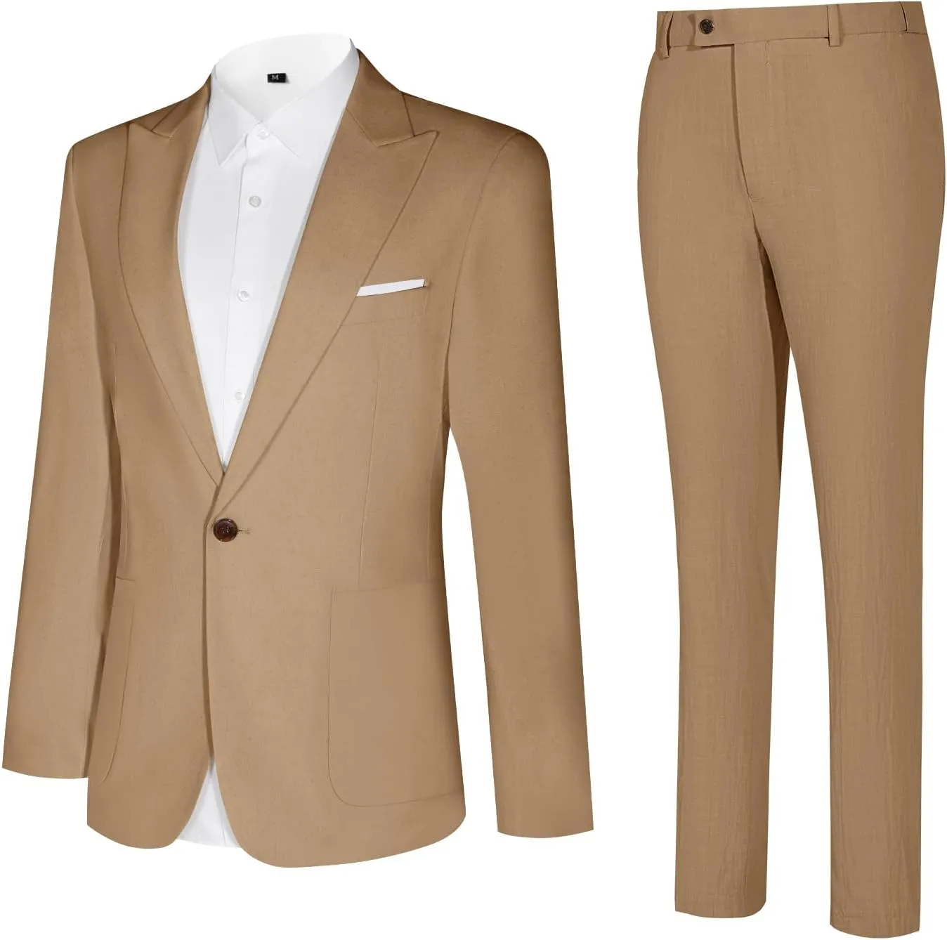 Linen Men Suit Set Casual Tuxedo 2 Piece Regular Fit Blazer One Button Solid Jacket and Pants for Prom Wedding Party