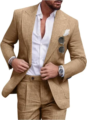 Linen Men Suit Set Casual Tuxedo 2 Piece Regular Fit Blazer One Button Solid Jacket and Pants for Prom Wedding Party