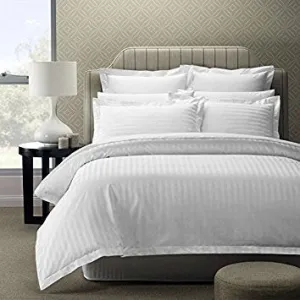 Linenwalas 300 TC Premium 100% Cotton Satin Stripes Double Bed Bedsheets & Pillow Covers for Hotels & Homes - 90"X100" - White
