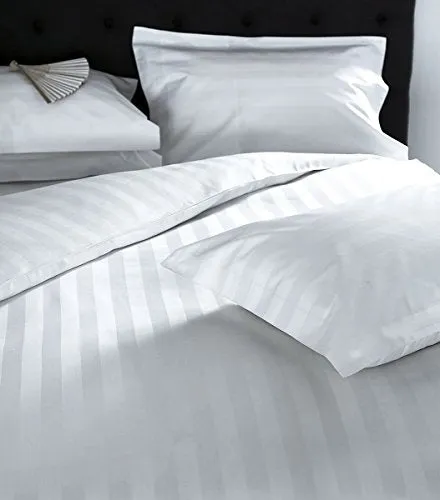 Linenwalas 300 TC Premium 100% Cotton Satin Stripes Double Bed Bedsheets & Pillow Covers for Hotels & Homes - 90"X100" - White