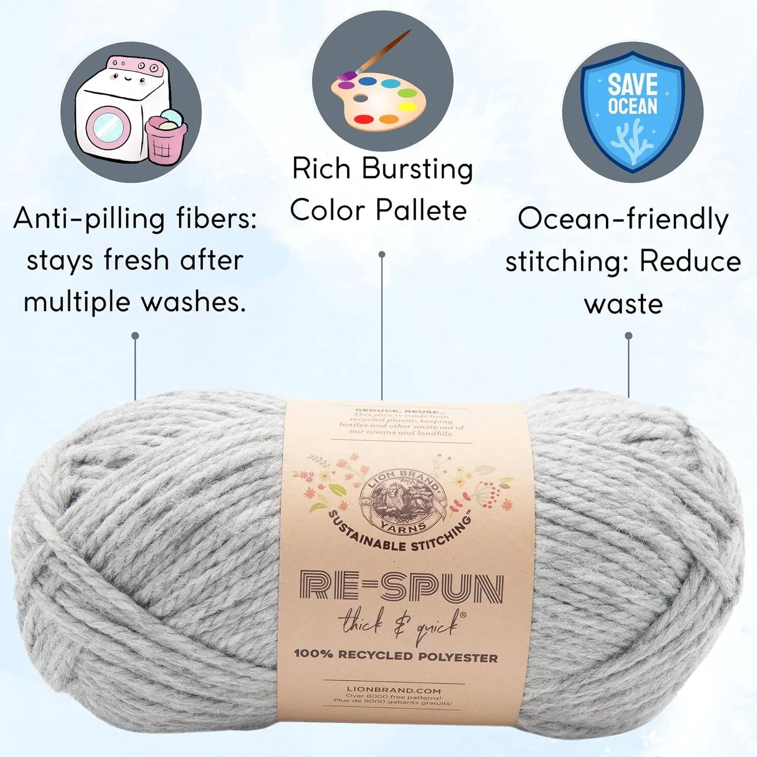Lion Brand Re Spun Thick & Quick Silver 843-149 (3-Skeins - Same Dye Lot) Weight S Bulky #6 Polyester Yarn for Crocheting and Knitting with Project Bag