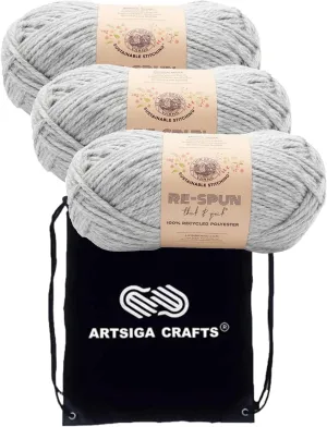 Lion Brand Re Spun Thick & Quick Silver 843-149 (3-Skeins - Same Dye Lot) Weight S Bulky #6 Polyester Yarn for Crocheting and Knitting with Project Bag