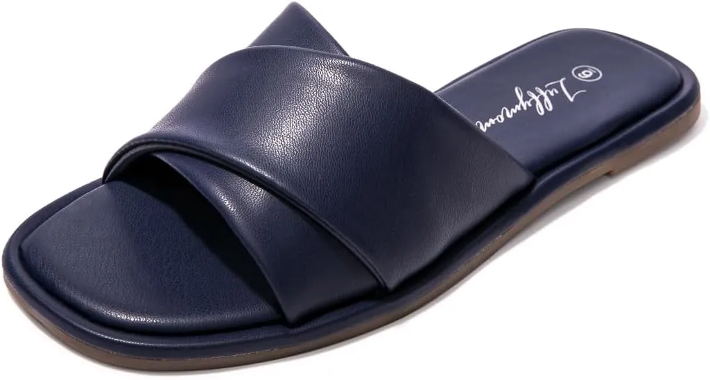 Luffymomo Womens Square Toe Flat Sandals Soft Leather Slide Sandals Cute Slip on Slippers for Summer
