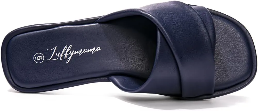 Luffymomo Womens Square Toe Flat Sandals Soft Leather Slide Sandals Cute Slip on Slippers for Summer