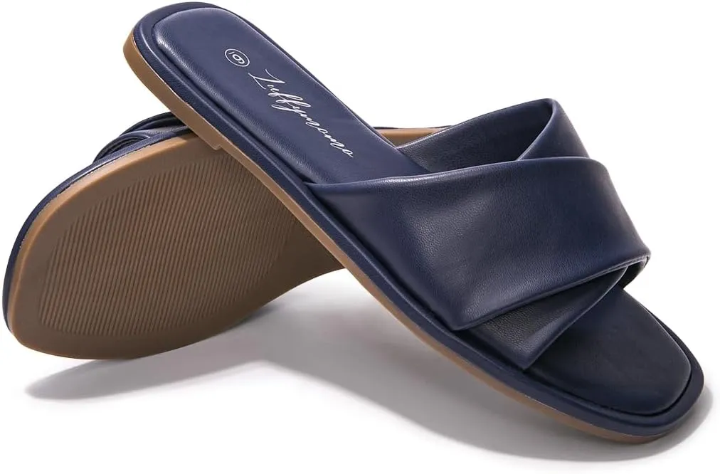 Luffymomo Womens Square Toe Flat Sandals Soft Leather Slide Sandals Cute Slip on Slippers for Summer