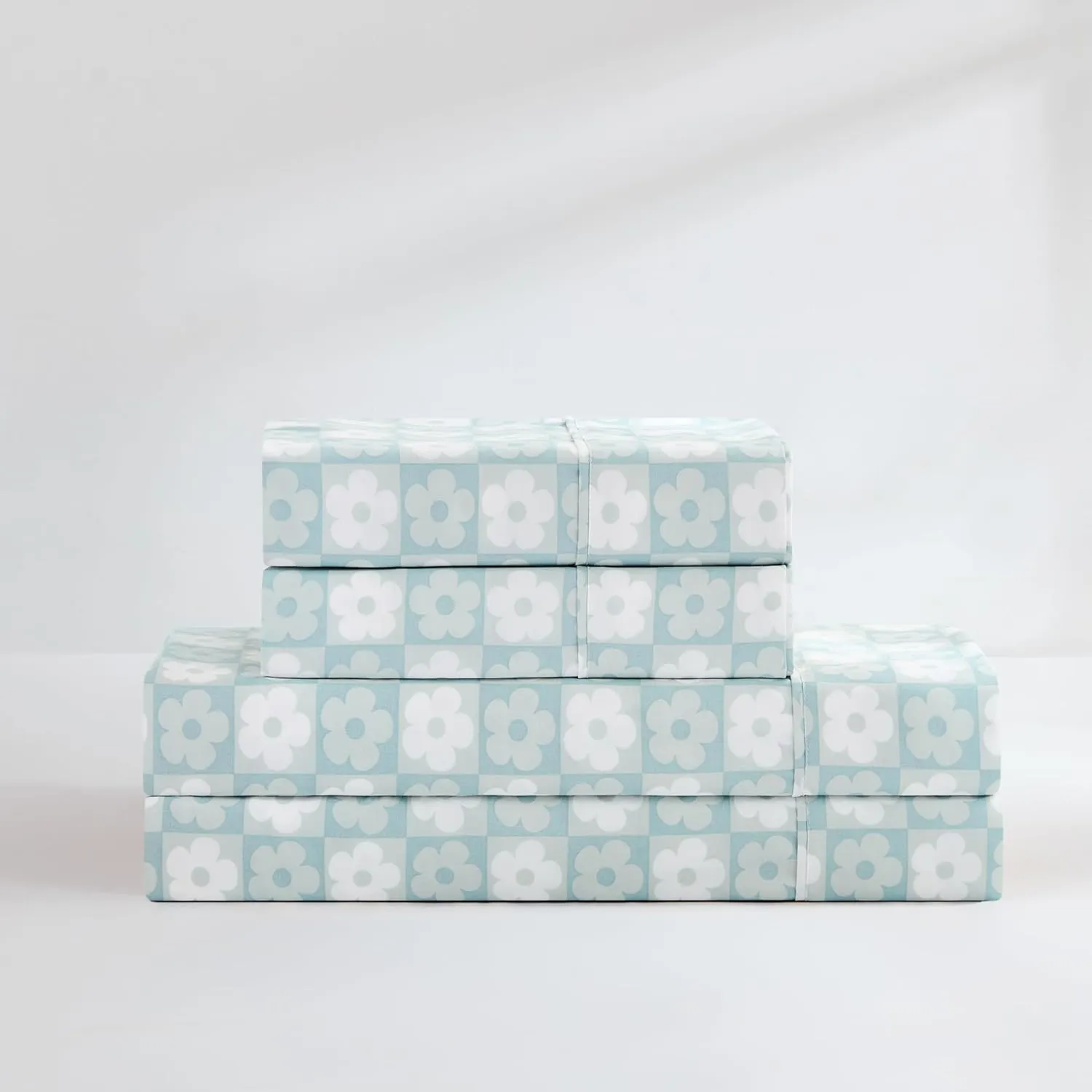 Lush Decor Daisy Checkered Sheet Set 4 Piece Set Twin Aqua - Checkered Sheets - Floral Bed Sheets - Boho Flower Print - Retro Decor