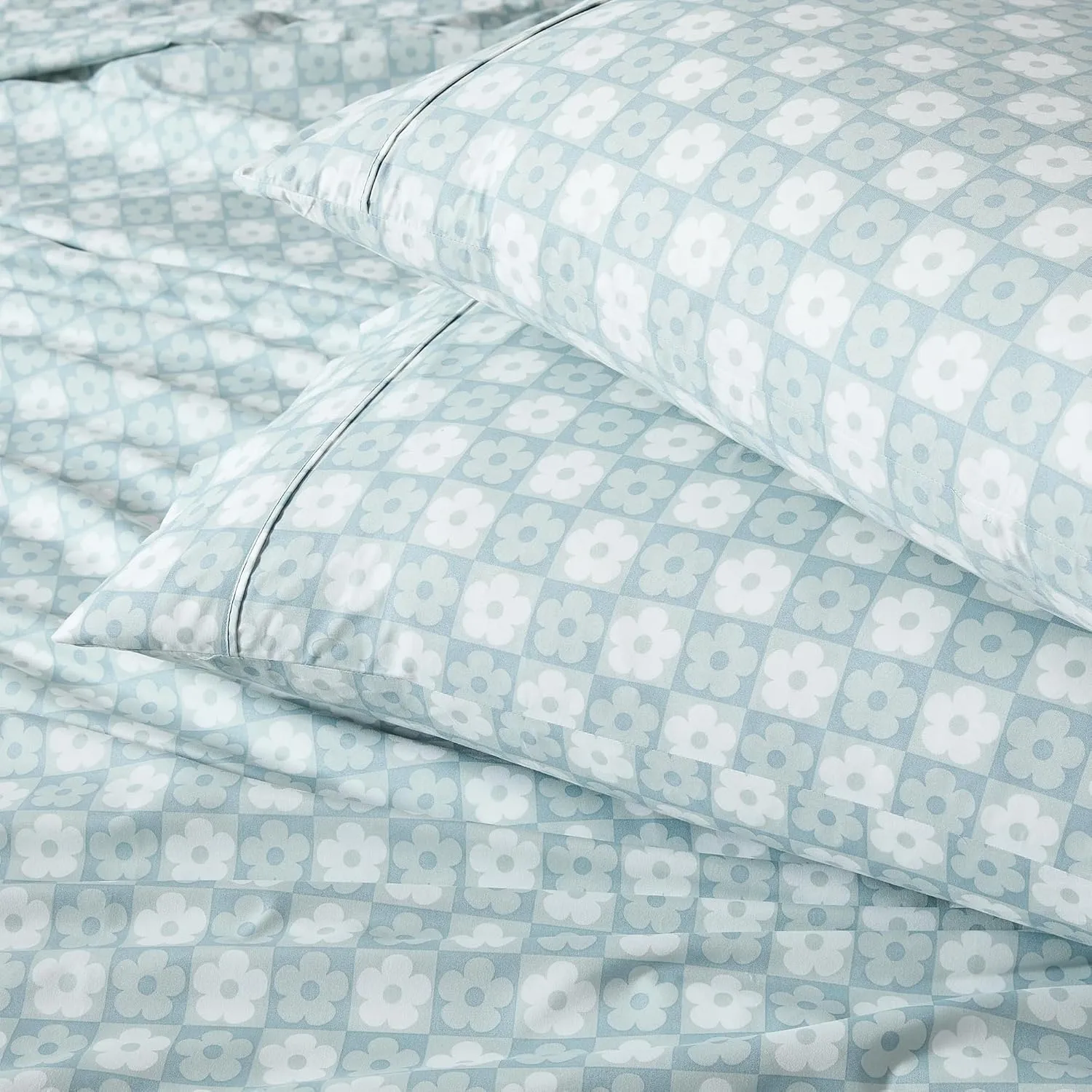Lush Decor Daisy Checkered Sheet Set 4 Piece Set Twin Aqua - Checkered Sheets - Floral Bed Sheets - Boho Flower Print - Retro Decor