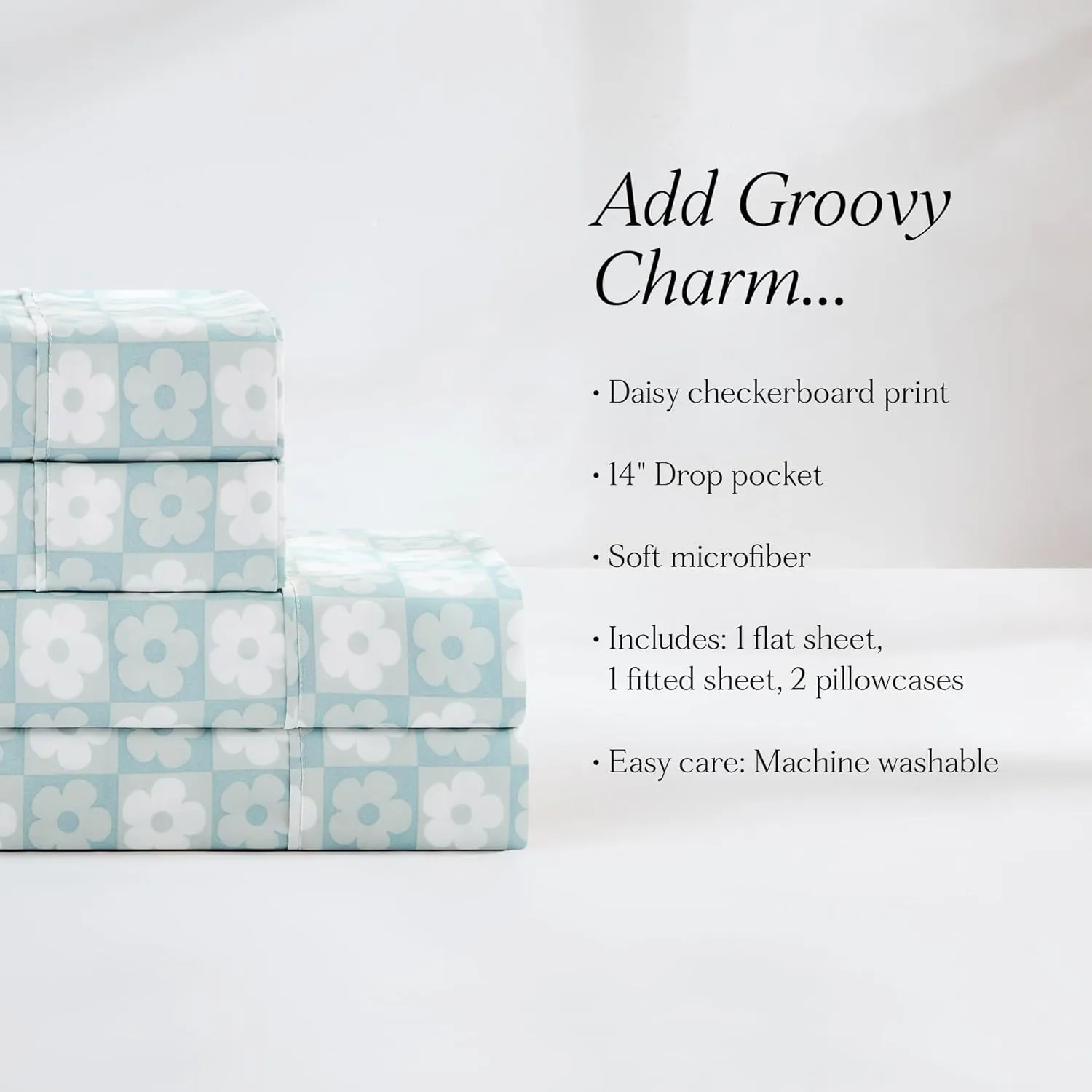 Lush Decor Daisy Checkered Sheet Set 4 Piece Set Twin Aqua - Checkered Sheets - Floral Bed Sheets - Boho Flower Print - Retro Decor