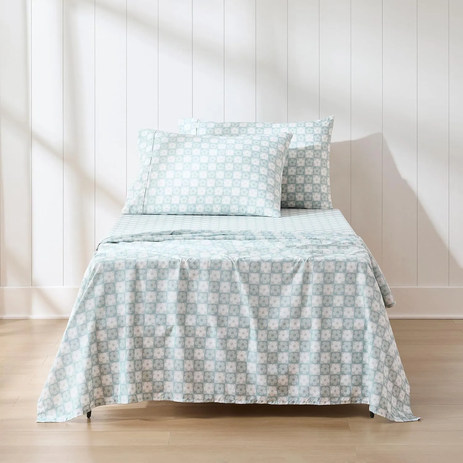 Lush Decor Daisy Checkered Sheet Set 4 Piece Set Twin Aqua - Checkered Sheets - Floral Bed Sheets - Boho Flower Print - Retro Decor