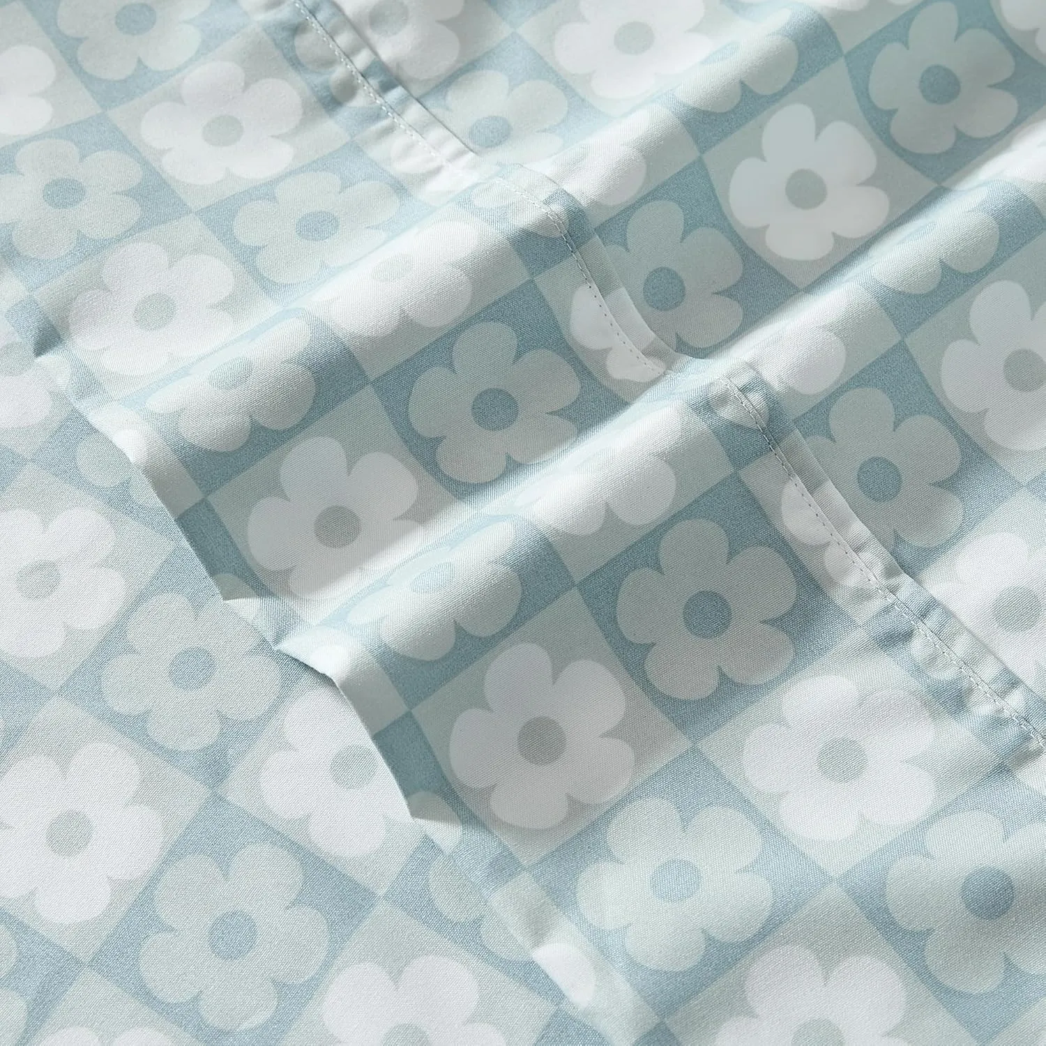 Lush Decor Daisy Checkered Sheet Set 4 Piece Set Twin Aqua - Checkered Sheets - Floral Bed Sheets - Boho Flower Print - Retro Decor
