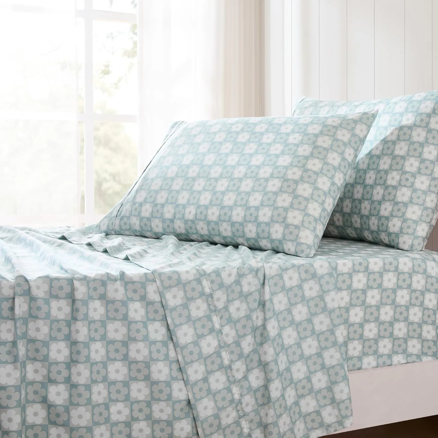 Lush Decor Daisy Checkered Sheet Set 4 Piece Set Twin Aqua - Checkered Sheets - Floral Bed Sheets - Boho Flower Print - Retro Decor