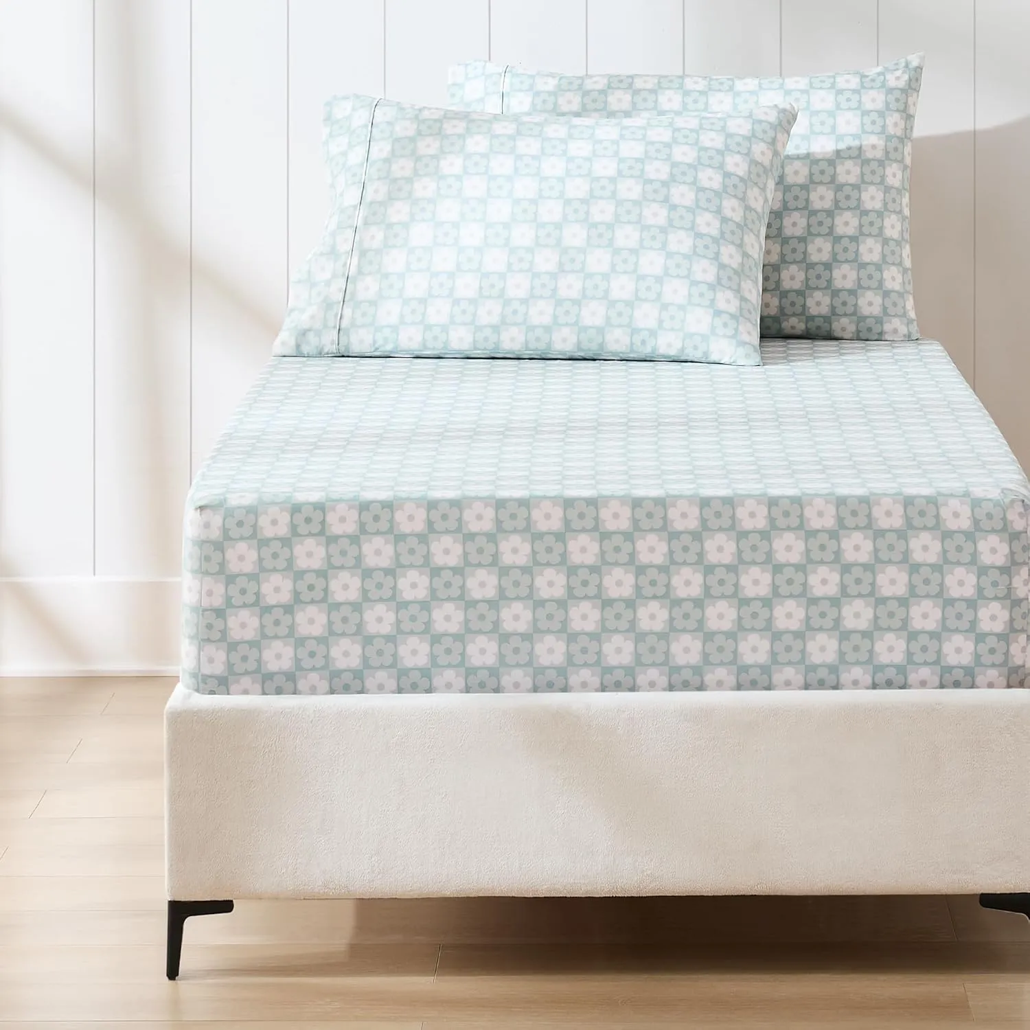 Lush Decor Daisy Checkered Sheet Set 4 Piece Set Twin Aqua - Checkered Sheets - Floral Bed Sheets - Boho Flower Print - Retro Decor