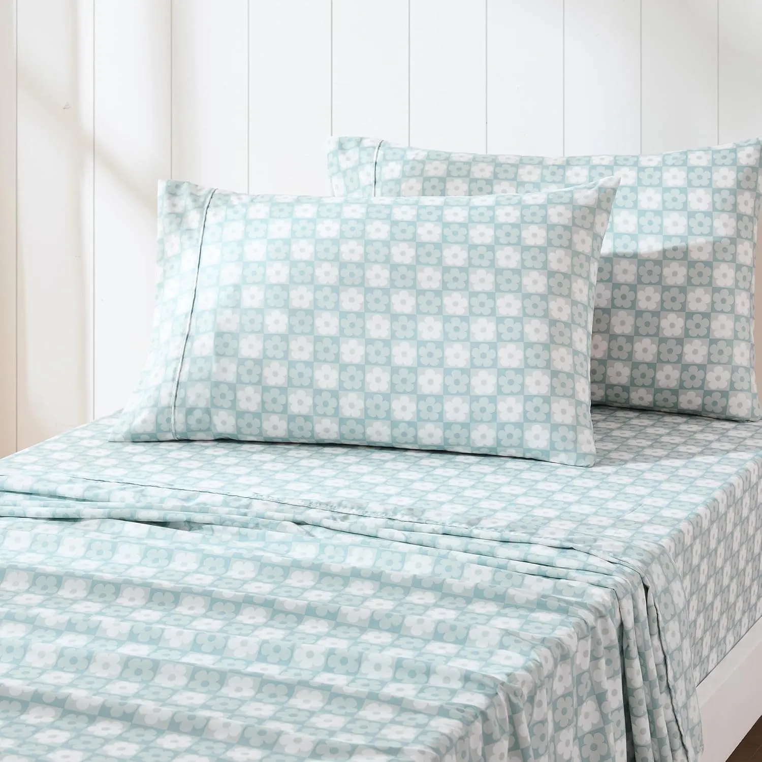 Lush Decor Daisy Checkered Sheet Set 4 Piece Set Twin Aqua - Checkered Sheets - Floral Bed Sheets - Boho Flower Print - Retro Decor