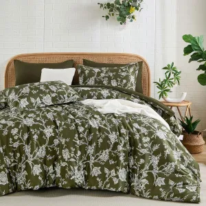 Luxudecor Floral Queen Comforter Set 7 Pieces, Olive Green Bed in a Bag, Flower and Bird Bedding Set, Soft Reversible Comforter with Sheet Set 90"x90"