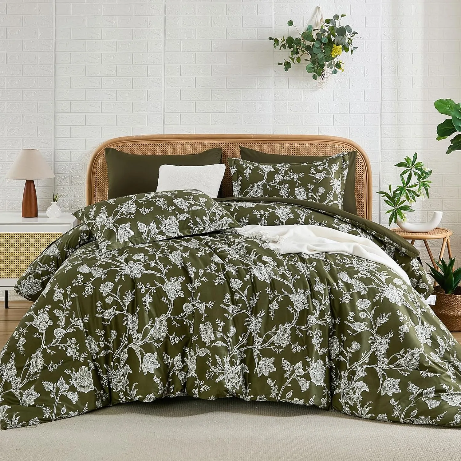 Luxudecor Floral Queen Comforter Set 7 Pieces, Olive Green Bed in a Bag, Flower and Bird Bedding Set, Soft Reversible Comforter with Sheet Set 90"x90"